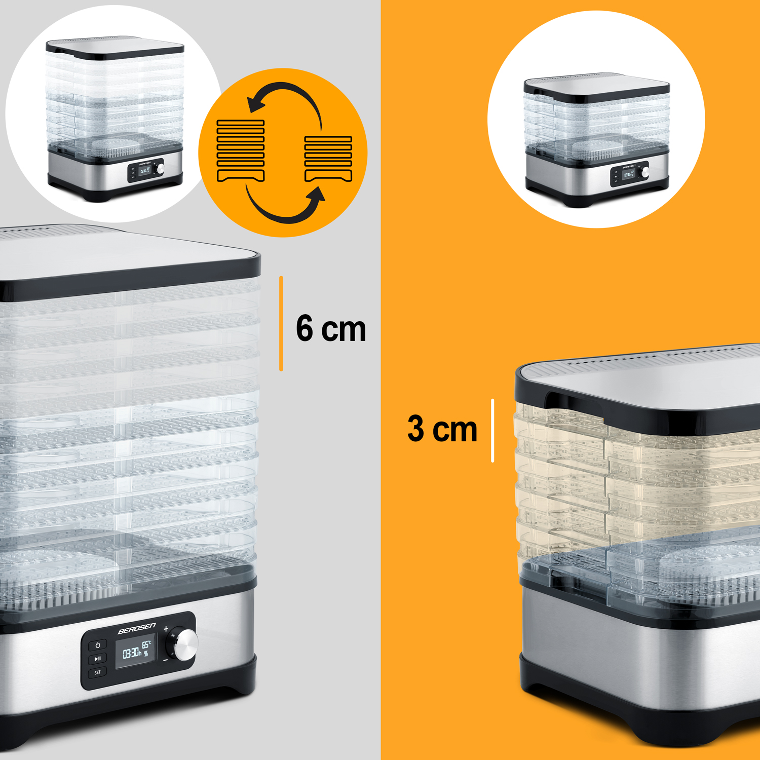 Pokazano suszarkę do żywności z wieloma tacami. Diagram ilustruje wymianę tac. Pokazano również wymiary.