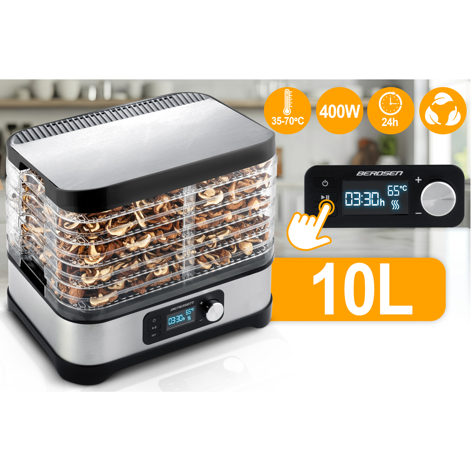 Suszarka do żywności z ułożonymi tacami wypełnionymi suszonym jedzeniem. Ma cyfrowy wyświetlacz, ustawienia temperatury i etykietę pojemności 10L.