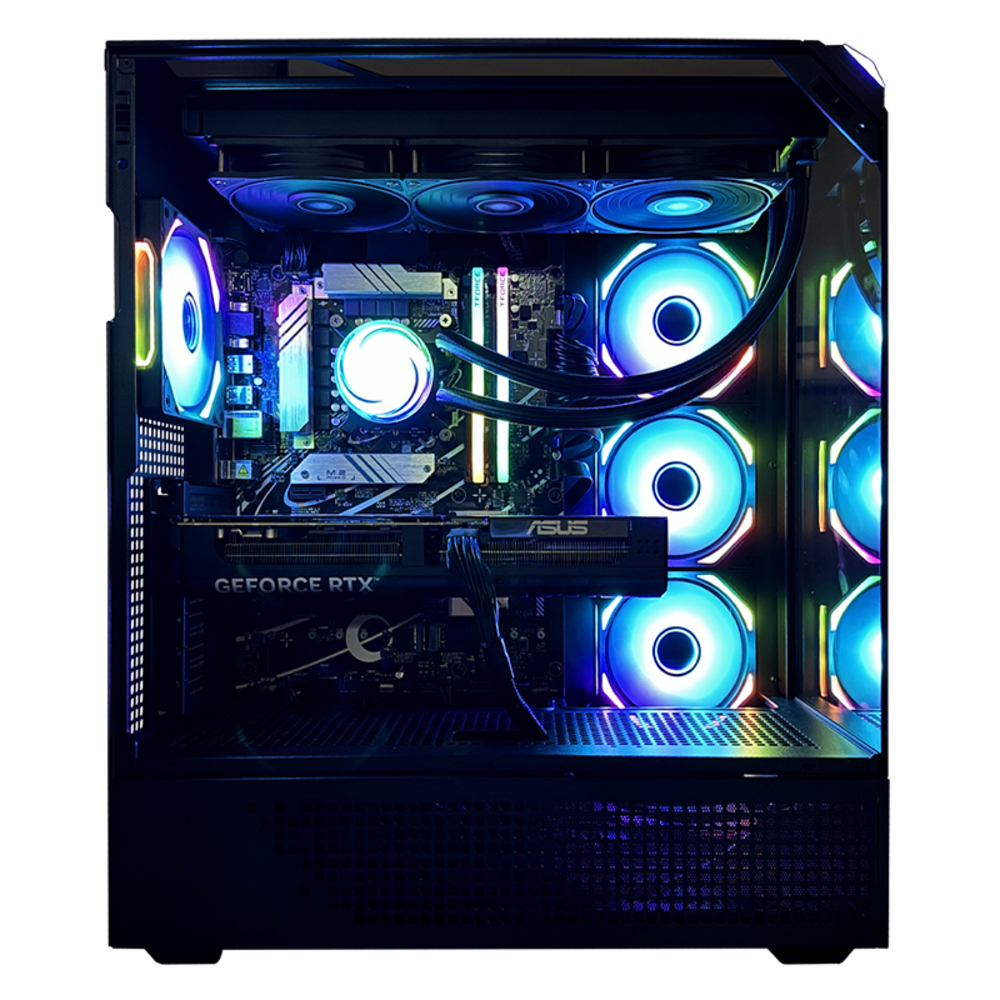 Una caja de computadora con componentes internos iluminados por LEDs de colores. Ventiladores, una tarjeta gráfica y otros hardwares visibles.