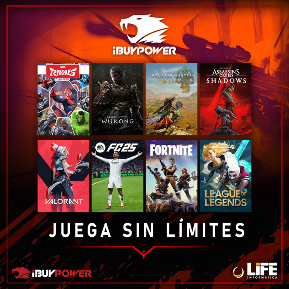 Imagen promocional con portadas de juegos como Marvel Rivals, Black Myth Wukong y Fortnite, junto con los logotipos de iBUYPOWER y Life Informatica.