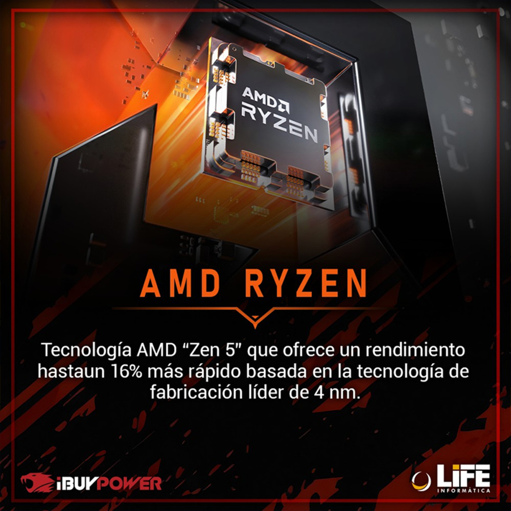Imagen muestra un procesador AMD Ryzen. Texto indica Zen 5, 16% más rápido con tecnología de 4 nm. Fondo naranja y negro.