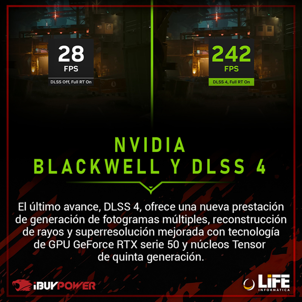 Imagen que compara las velocidades de fotogramas con y sin DLSS 4. Muestra 28 FPS sin DLSS y 242 FPS con DLSS 4 activado.