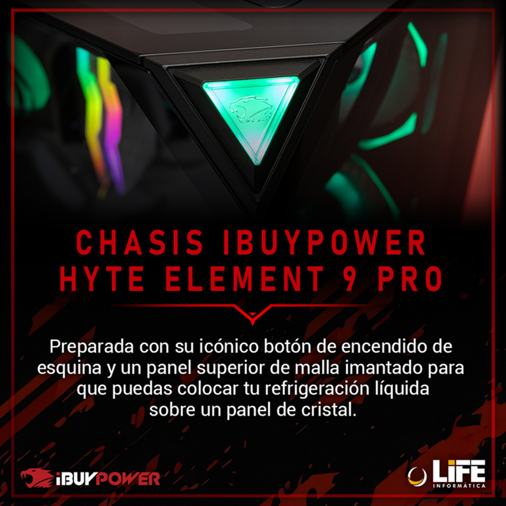 Caja de ordenador negra con logotipo verde brillante y texto: CHASIS IBUYPOWER HYTE ELEMENT 9 PRO. Texto sobre refrigeración líquida.
