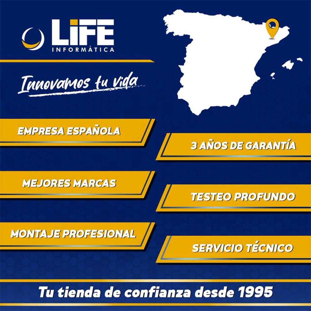 La imagen muestra un logo con el texto 'LIFE INFORMATICA', mapa de España y varias ofertas de servicio como garantía y servicio técnico.