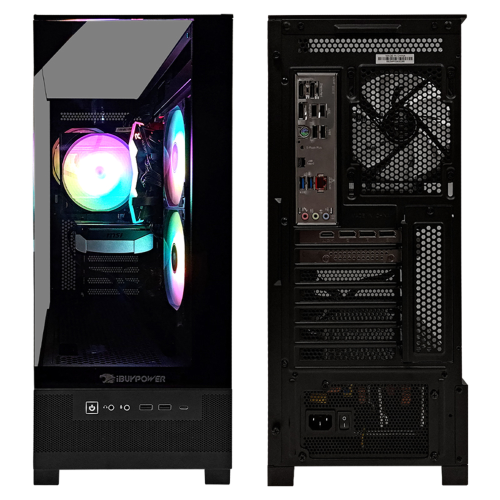Una caja de computadora negra con un panel lateral de vidrio que muestra componentes internos iluminados con luces coloridas. El panel trasero también es visible.