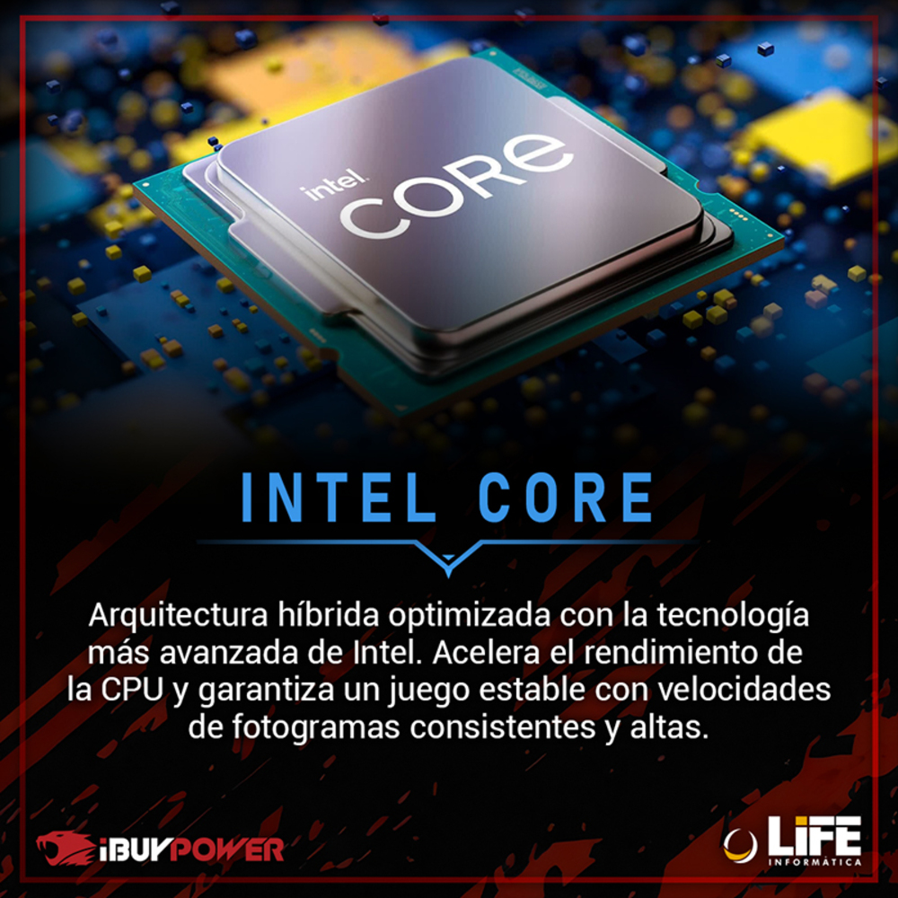 Un procesador Intel Core en una placa de circuito azul. La imagen tiene texto: INTEL CORE, y texto promocional sobre el rendimiento.