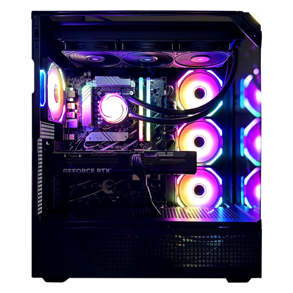 Una caja de PC iluminada con ventiladores. Los componentes internos son visibles, incluyendo una tarjeta gráfica y placa base, con luces coloridas.
