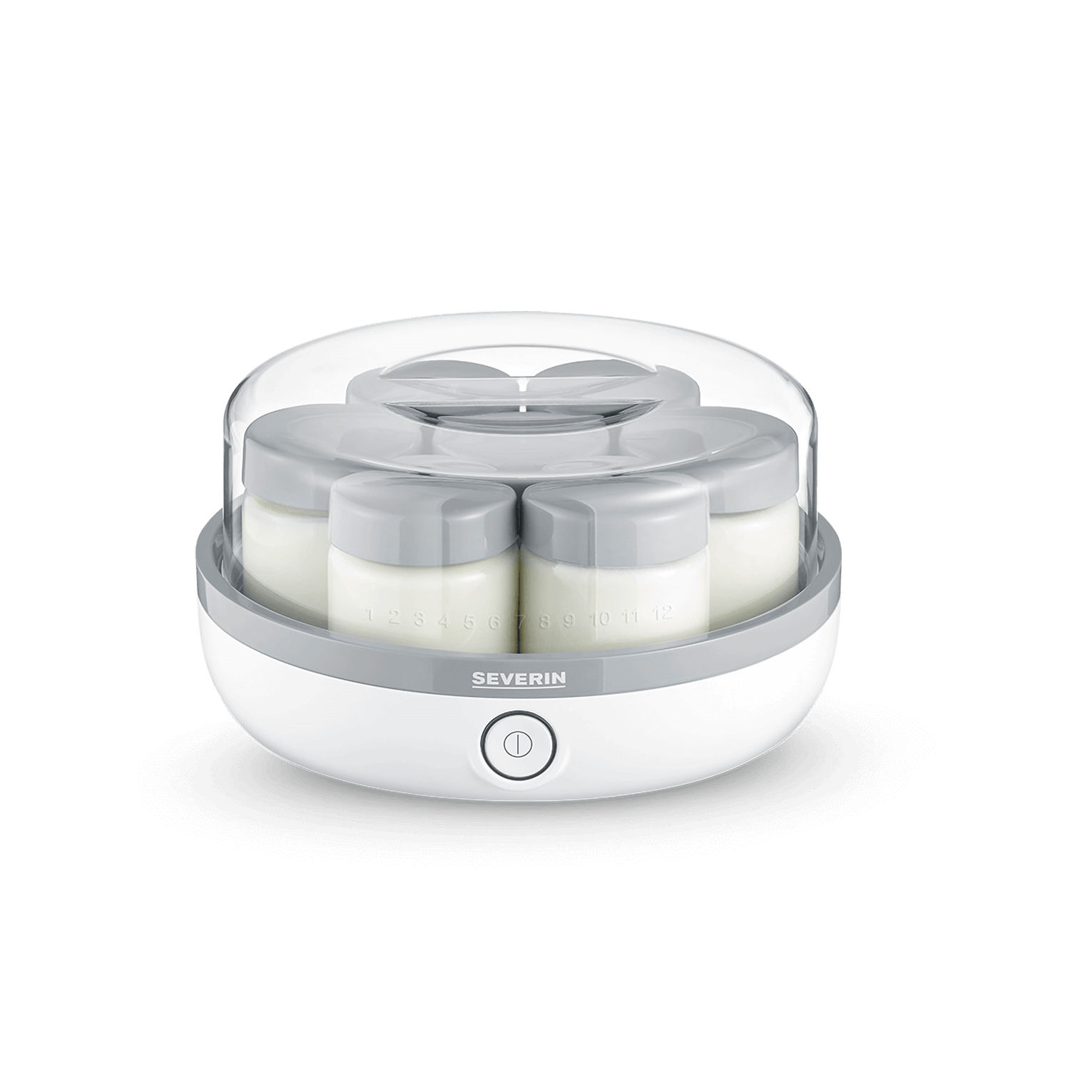 Białe urządzenie do robienia jogurtu z sześcioma słoikami w środku, przykryte przezroczystą pokrywą. Marka to SEVERIN.
