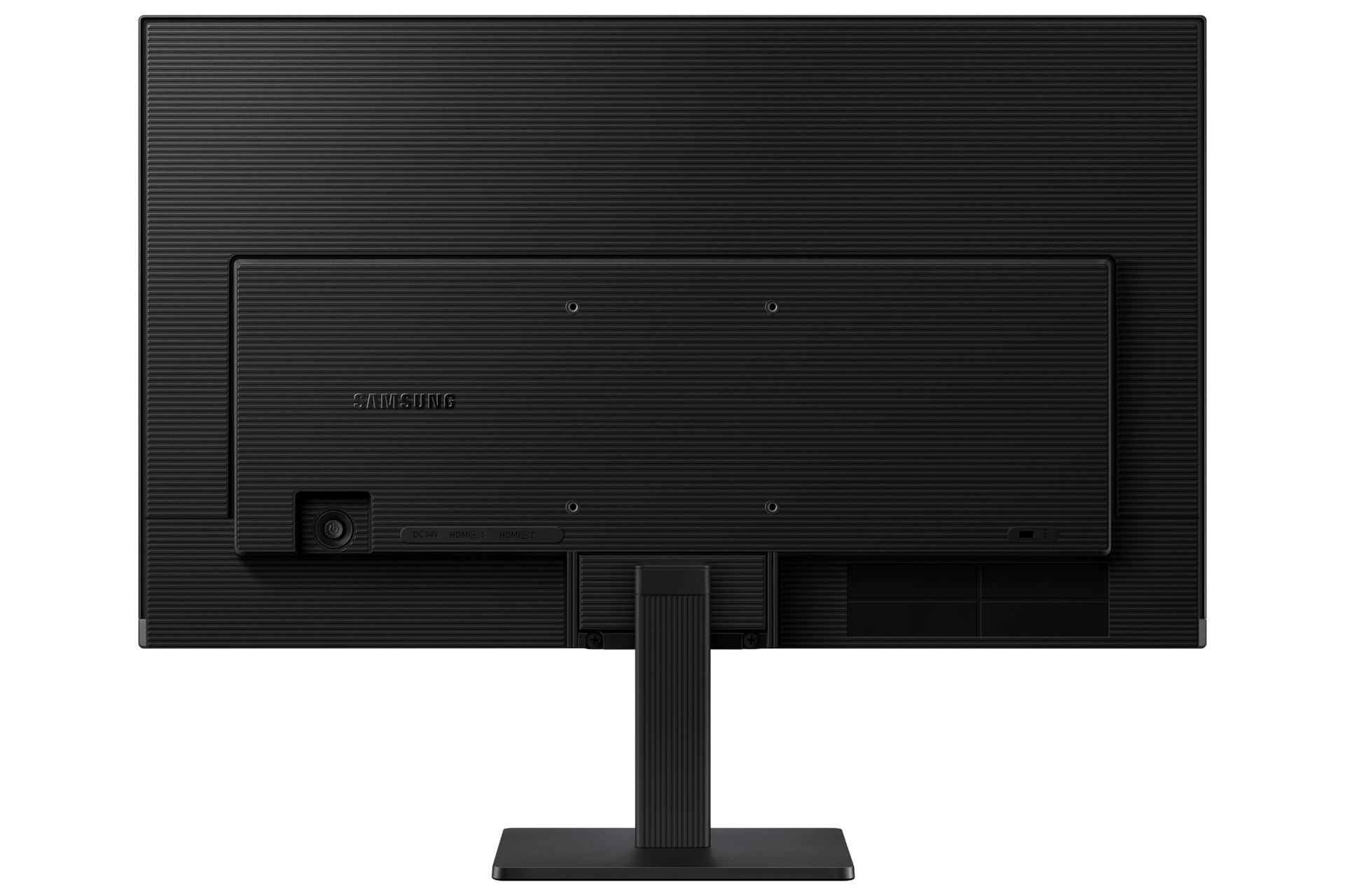 Achterkant van een zwarte Samsung monitor. Het heeft een standaard, HDMI-poorten en de merknaam. Het oppervlak heeft een textuur.