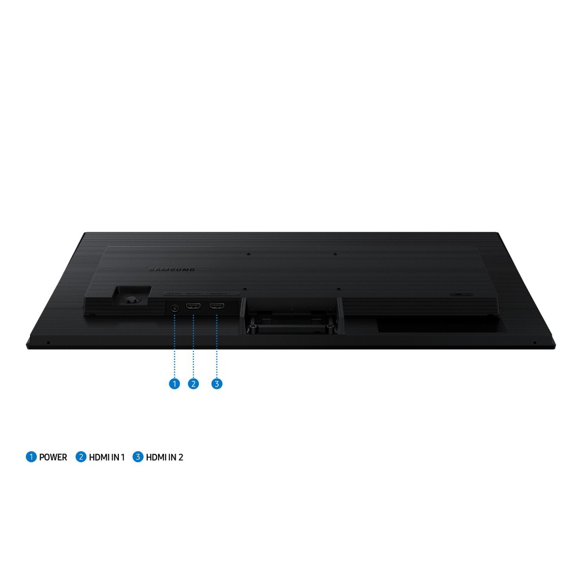 Achterkant van een zwarte Samsung monitor met stroom-, HDMI 1- en HDMI 2-poorten. De monitor staat op een witte achtergrond.