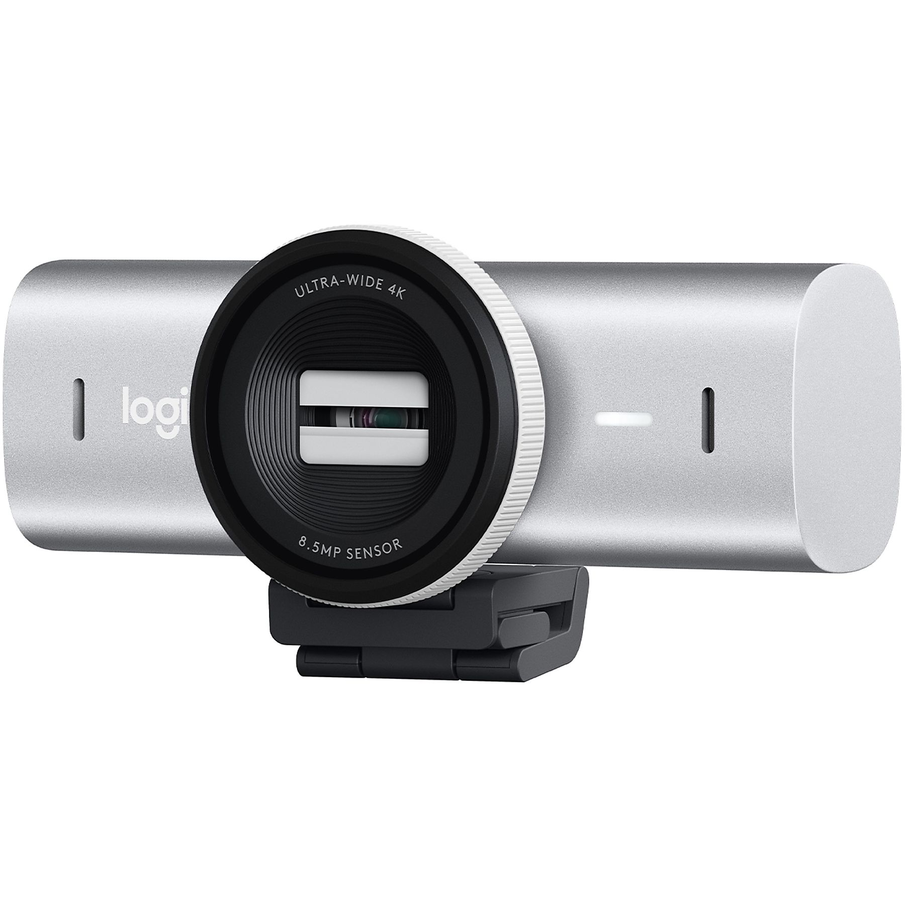 Srebrna kamera internetowa Logitech z czarnym obiektywem. Posiada napisy 'Ultra-wide 4K' i '8.5MP sensor'.