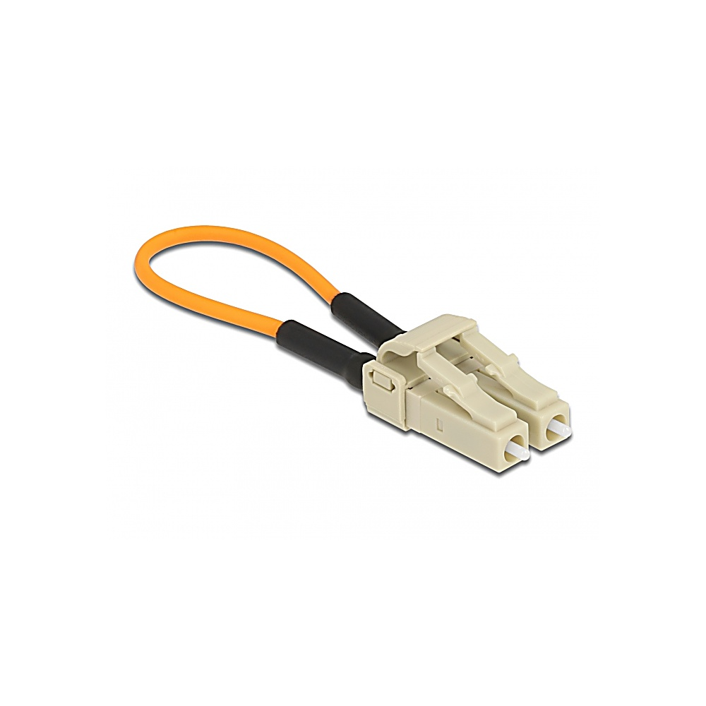 Un cavo in fibra ottica arancione con connettori neri e una testa del connettore beige su sfondo bianco.