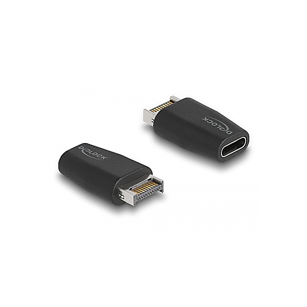 Due adattatori neri da USB-C a Micro-USB. Uno angolato, l'altro dritto. Entrambi hanno pin del connettore dorati e il marchio DOLOCK.