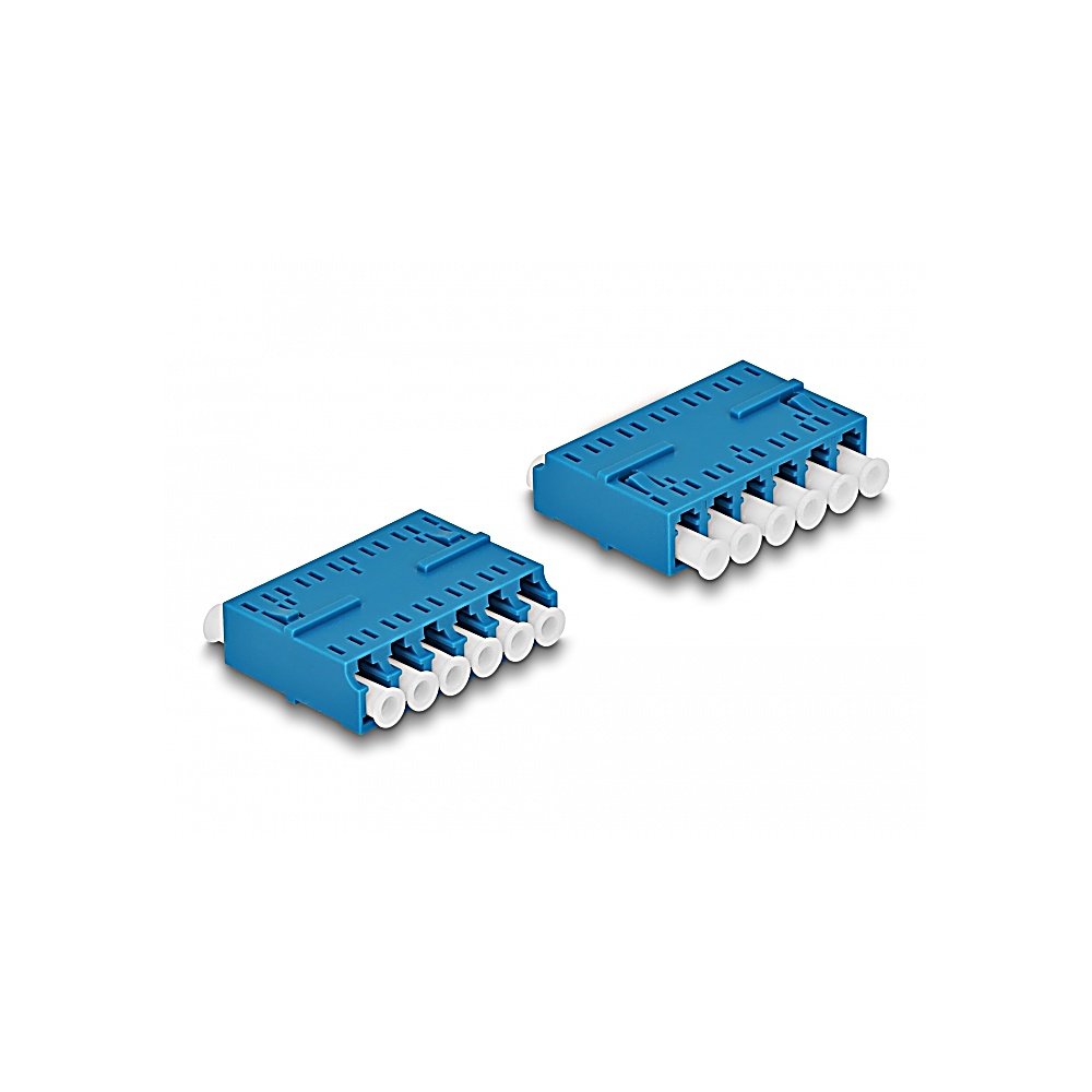 Due connettori in fibra ottica blu e bianchi su sfondo bianco. Ognuno ha più cilindri bianchi.