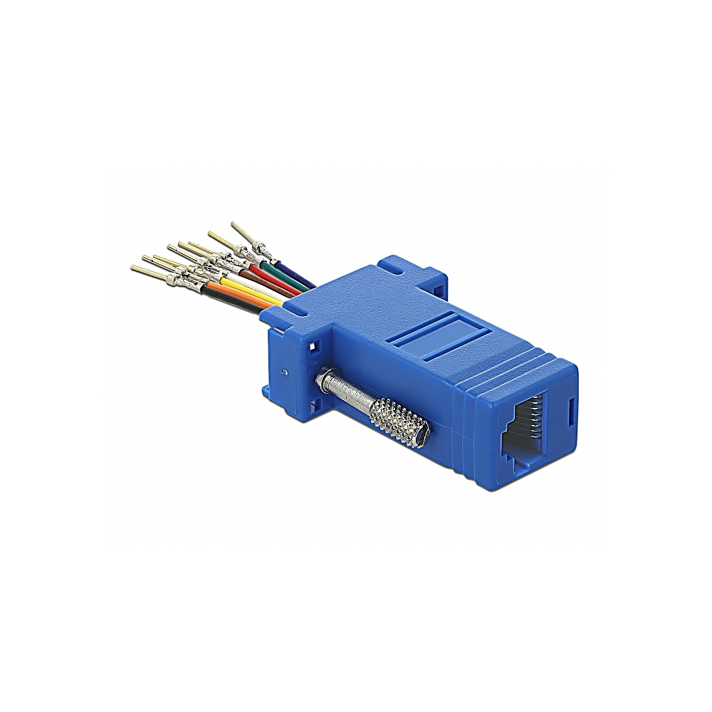 Un connettore RJ45 blu con fili di diversi colori che si estendono da esso. È su sfondo bianco.