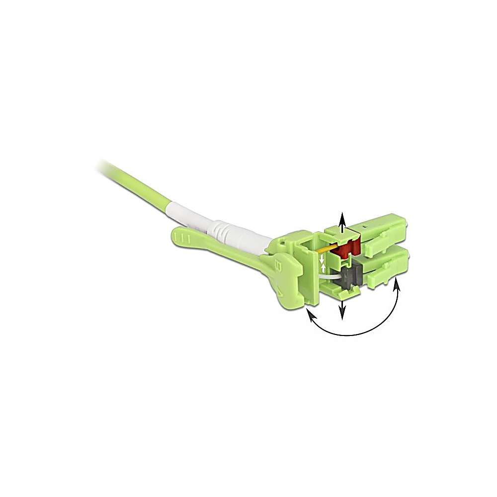Primo piano di un connettore per cavo in fibra ottica verde e bianco. Le frecce indicano l'apertura e la chiusura. Componenti interni visibili.