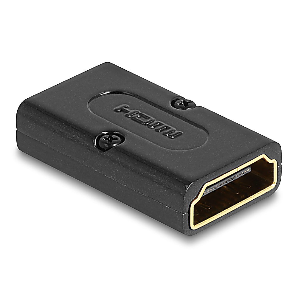 Un conector HDMI negro. Tiene un puerto dorado y dos tornillos en la parte superior. La palabra HDMI está grabada en la parte superior.