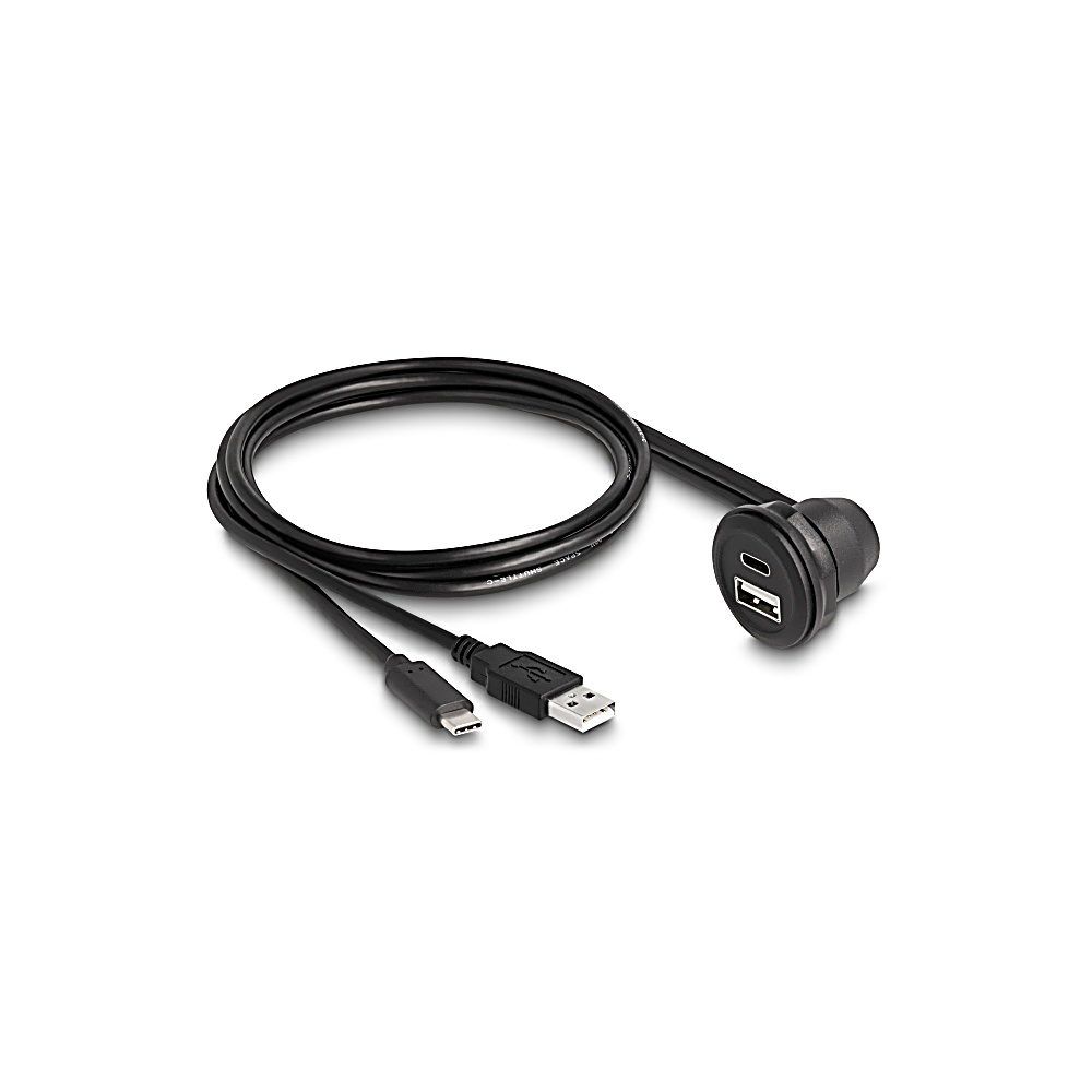 Cavo USB nero con più connettori, tra cui USB-A, USB-C e una porta USB rotonda. Sfondo bianco.