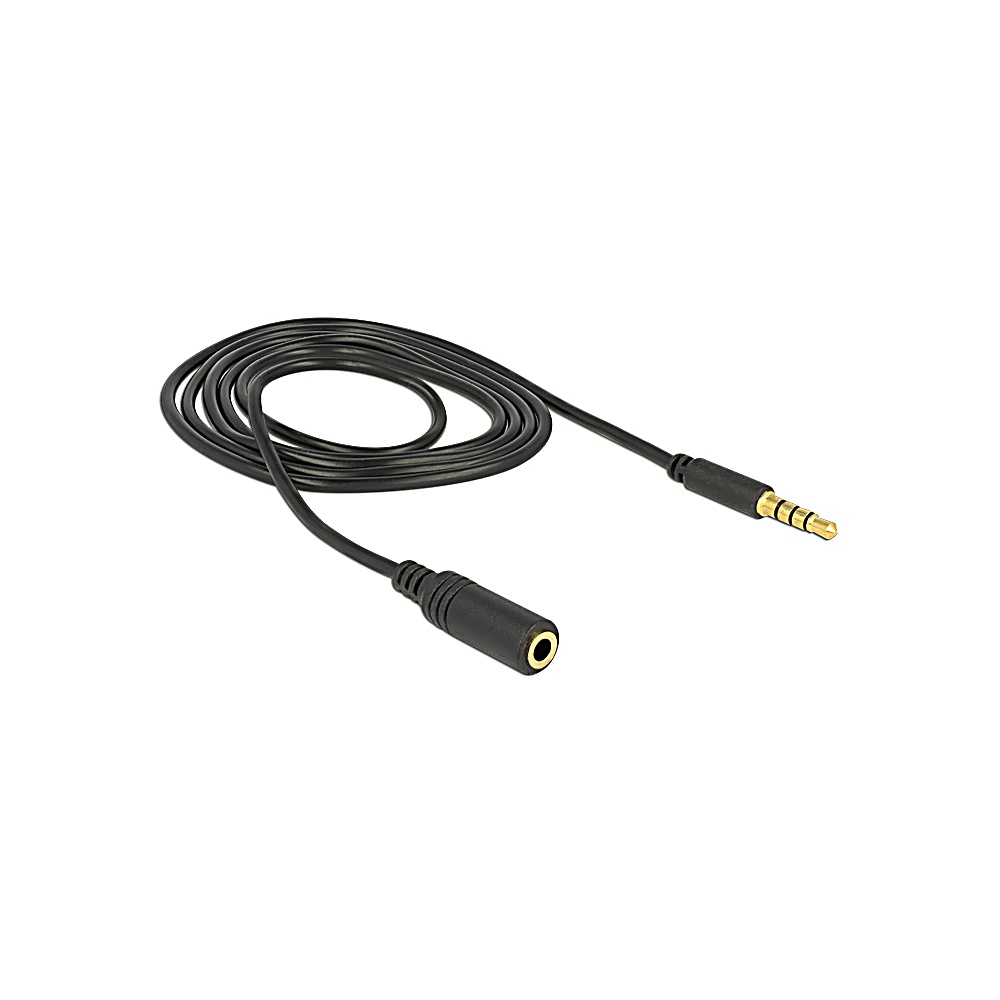 Een zwarte audiokabel met een vrouwelijke jack aan het ene uiteinde en een mannelijke jack aan het andere. De kabel is opgerold op een witte achtergrond.