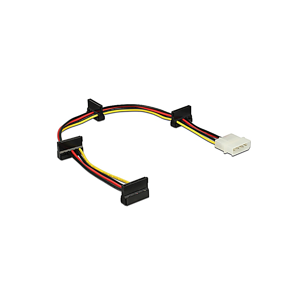 Kątowy kabel adaptera zasilania komputera z czarnymi złączami i czerwonymi, żółtymi i czarnymi przewodami.