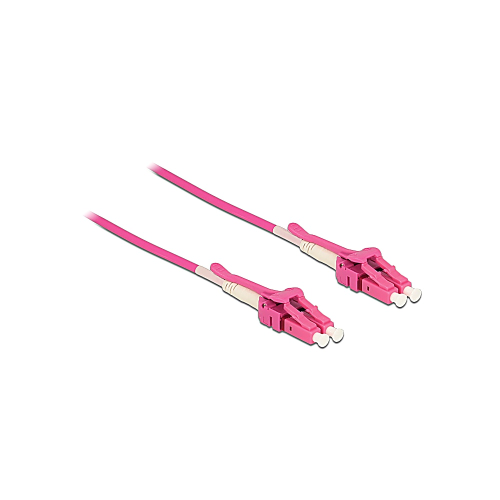 Due cavi in fibra ottica rosa con connettori. Ogni cavo ha una guaina rosa, una sezione bianca e un connettore rosa.