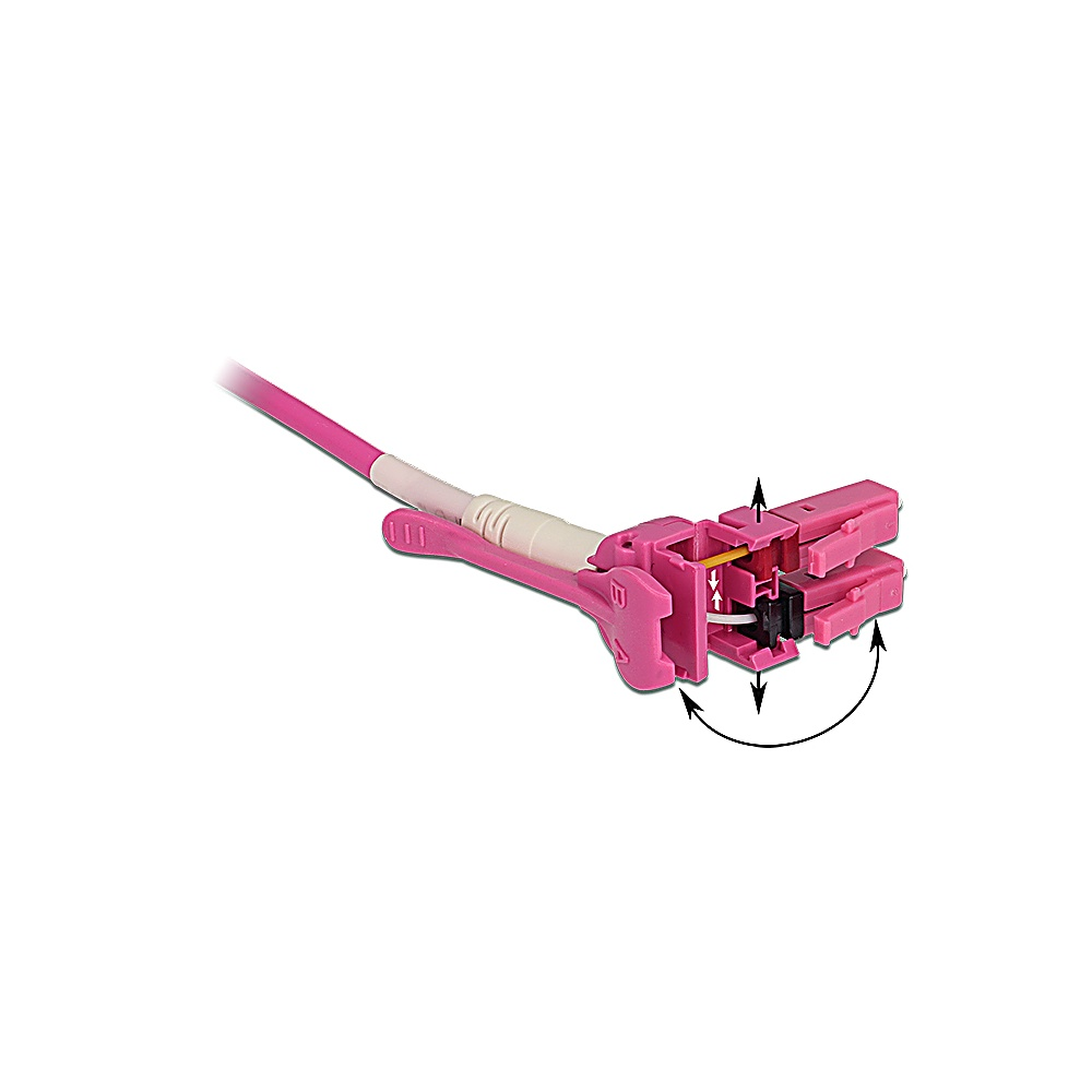 Un connettore per cavo in fibra ottica rosa. Ha una sezione bianca, una leva rosa e un involucro rosa con frecce di movimento.