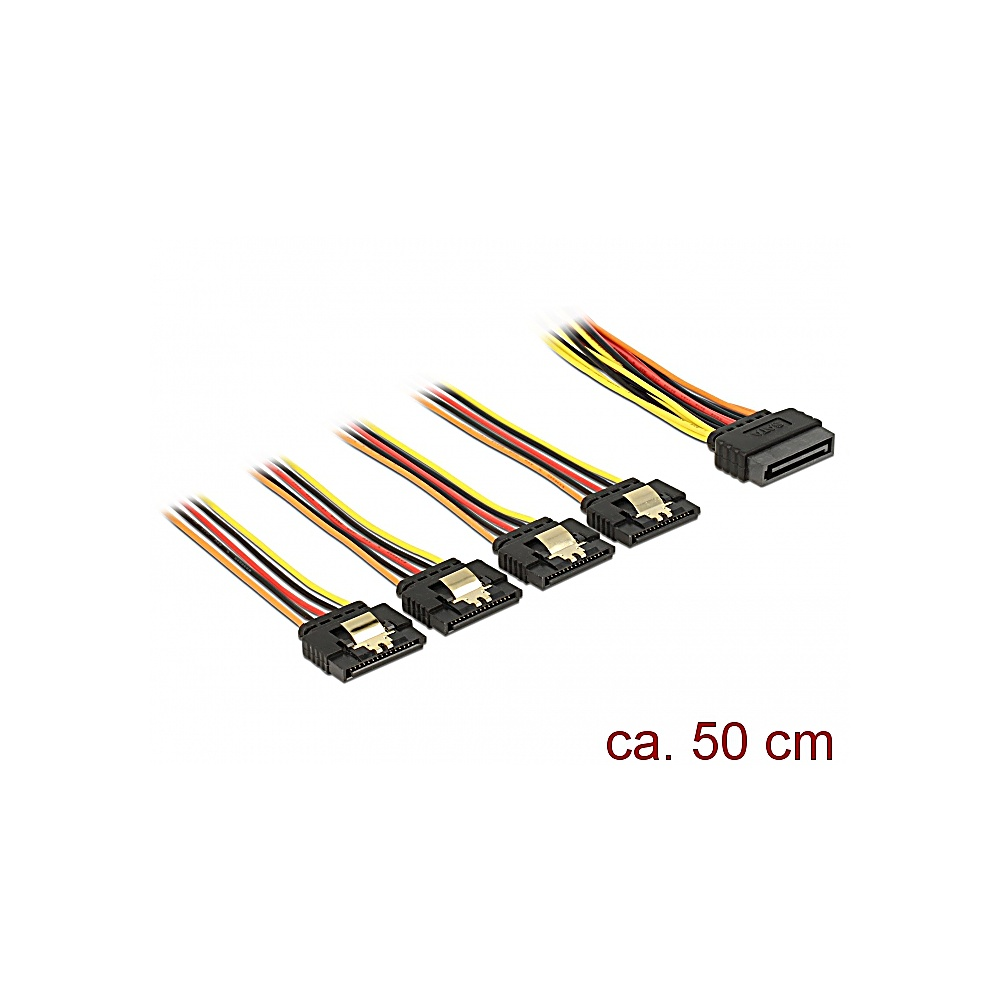 Kilka kabli danych SATA z czarnymi złączami i wielokolorowymi przewodami ułożonych na białym tle. Tekst wskazuje około 50 cm.