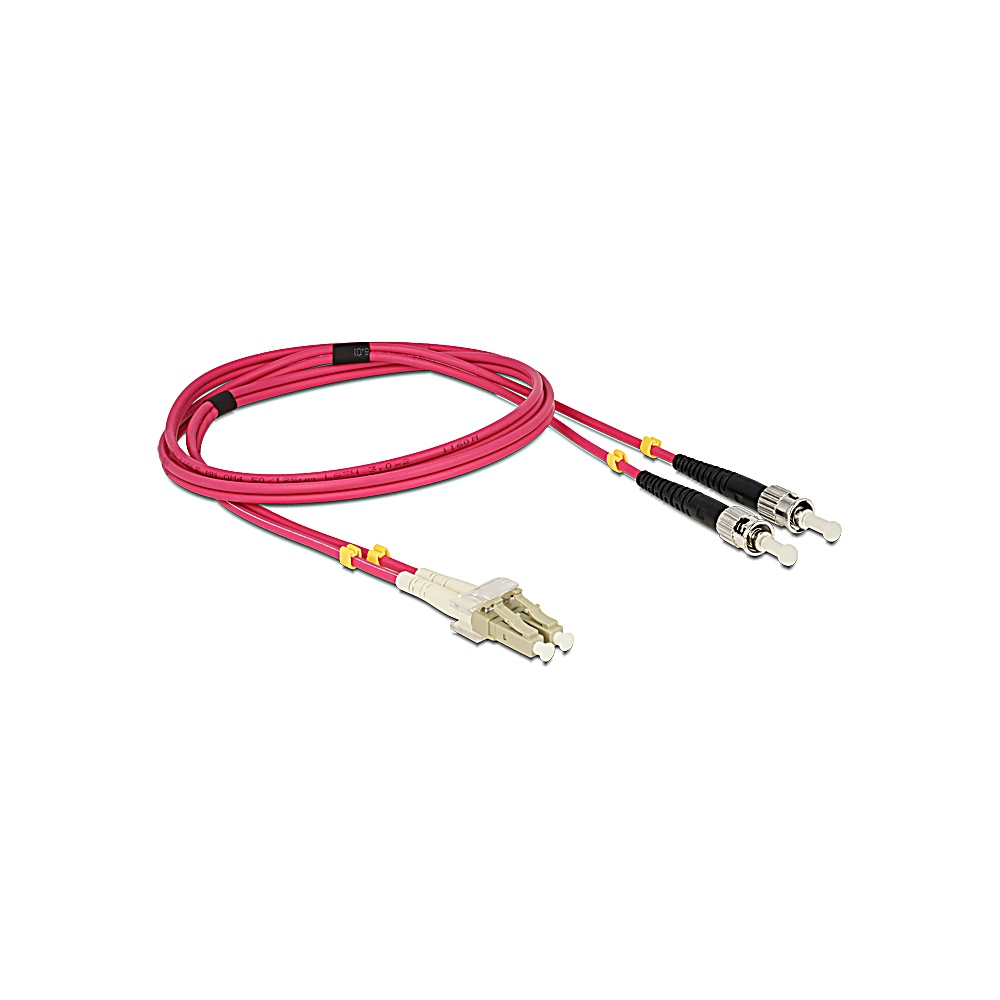 Un cavo in fibra ottica rosa con connettori. Ha due connettori neri e argentati a un'estremità e un connettore beige all'altra.