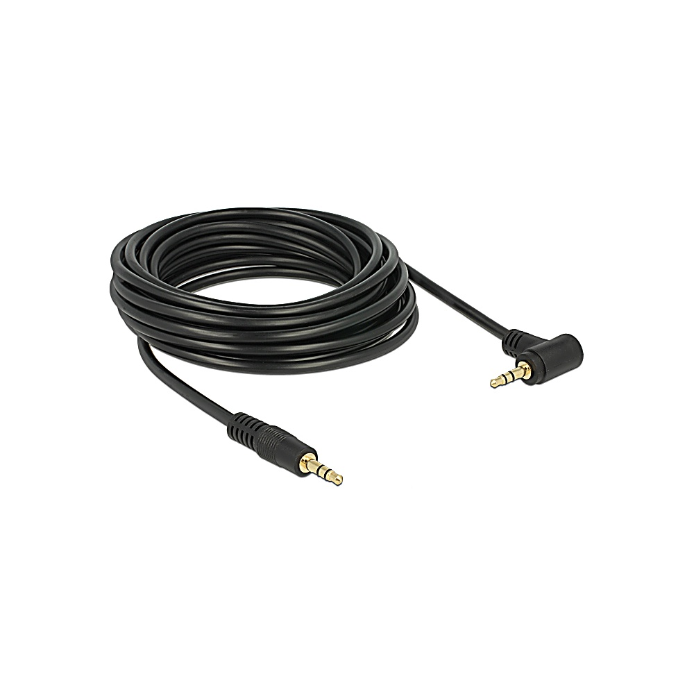 Un cavo audio nero è arrotolato. Ha connettori dorati a entrambe le estremità. Un connettore è angolato. Lo sfondo è bianco.