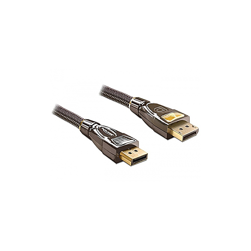 Due cavi DisplayPort su sfondo bianco. I connettori sono dorati e i cavi hanno una trama intrecciata nera e argentata.