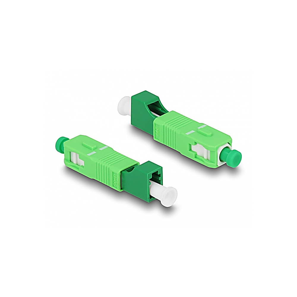 Due connettori in fibra ottica in plastica verde e bianca su sfondo bianco. Uno è aperto, l'altro chiuso.