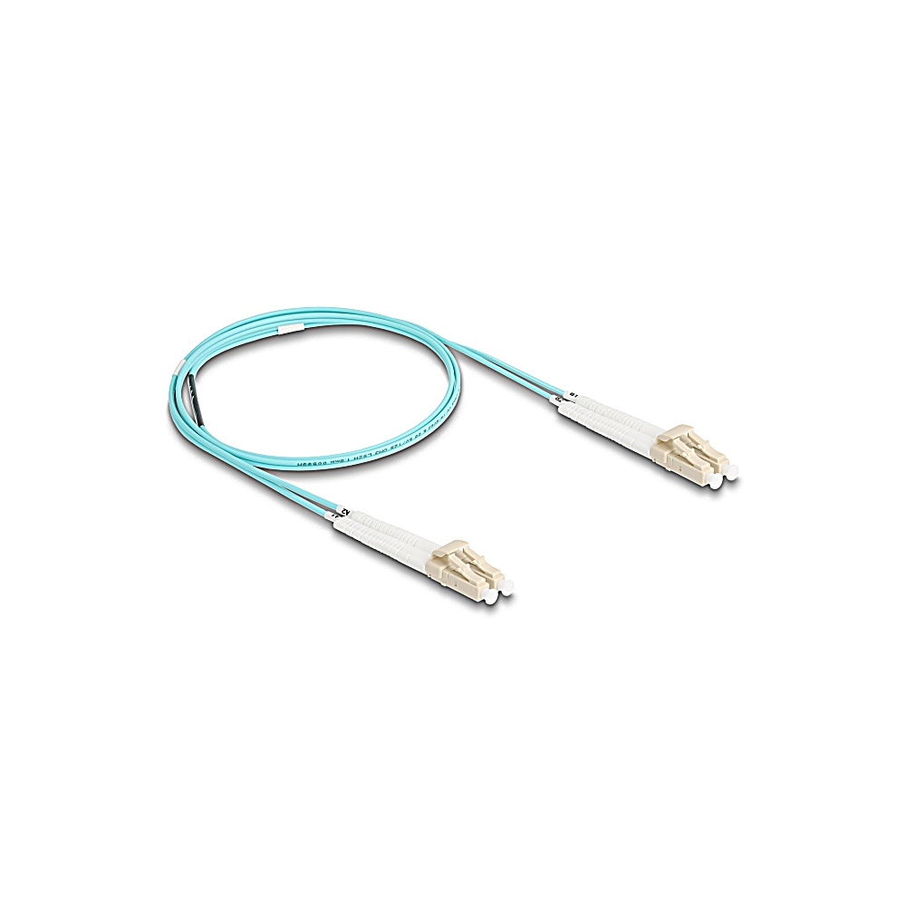 Un cavo in fibra ottica blu con connettori bianchi a entrambe le estremità, su sfondo bianco.