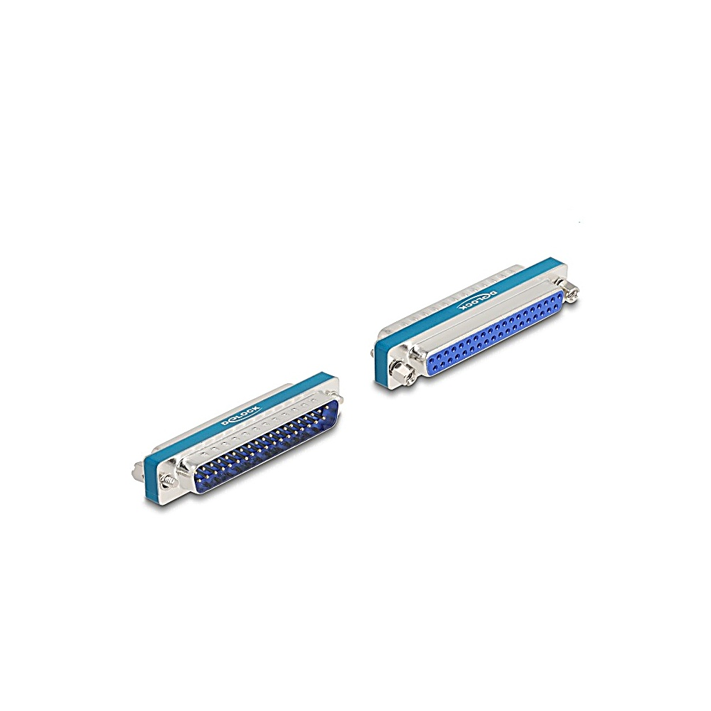 Due connettori D-sub, blu e argento, su bianco. Ognuno ha pin e marchio D-LOCK. Uno è leggermente angolato.