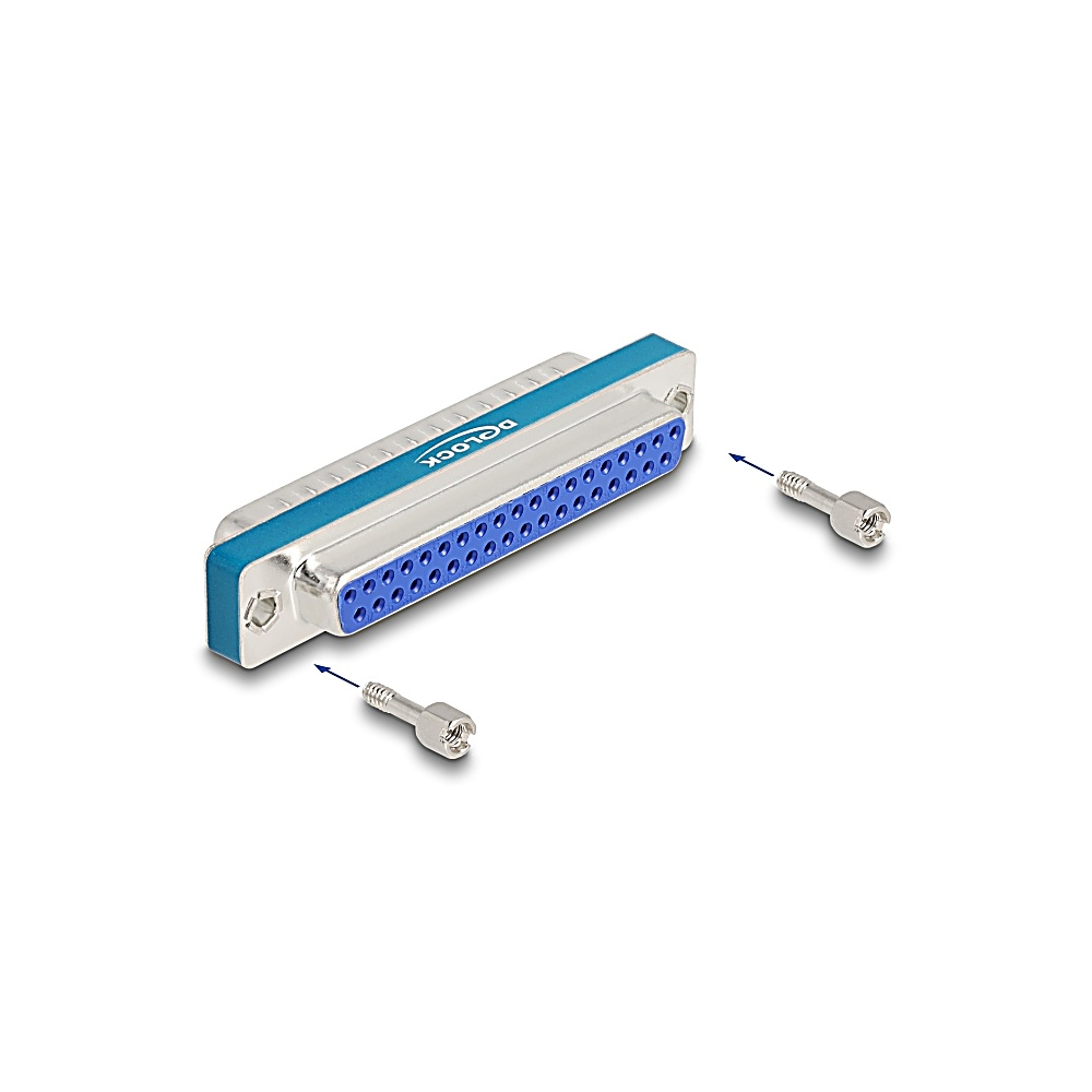 Un connettore D-sub con pin blu e due viti. Il connettore è argento e blu, con sfondo bianco.
