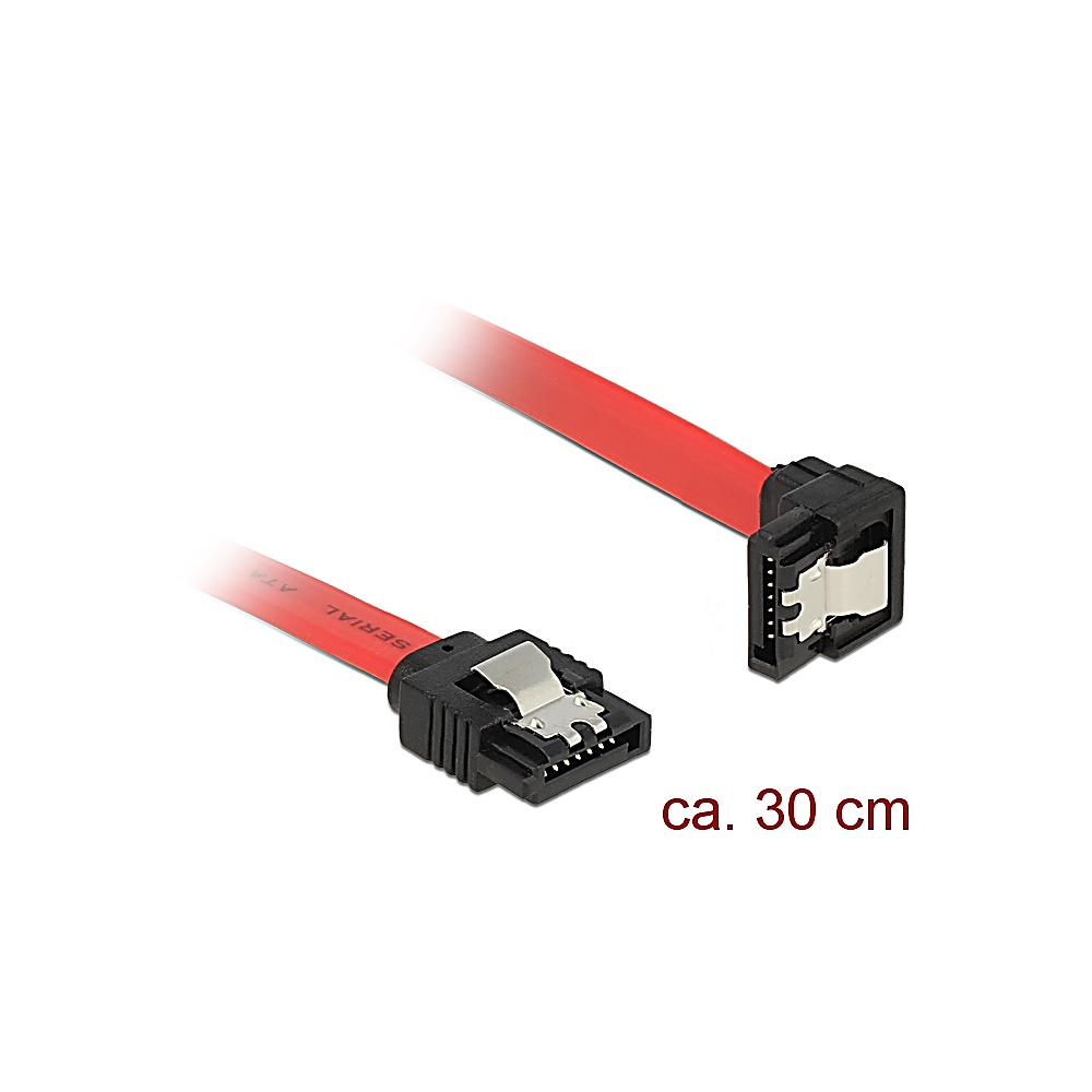 Czerwony kabel SATA z czarnymi złączami. Kabel ma około 30 cm długości. Złącza mają metalowe zatrzaski.