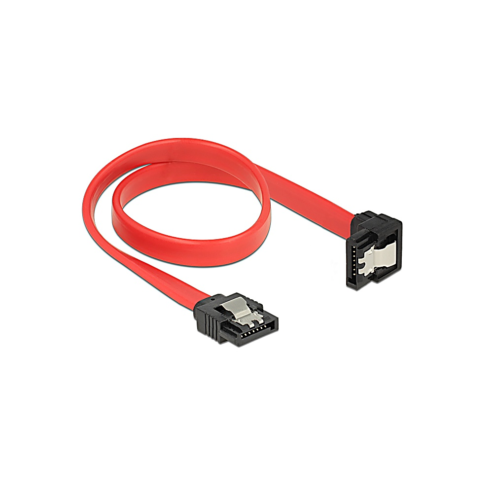Czerwony kabel danych SATA z czarnymi złączami na białym tle. Kabel jest pętlą i gotowy do użycia.