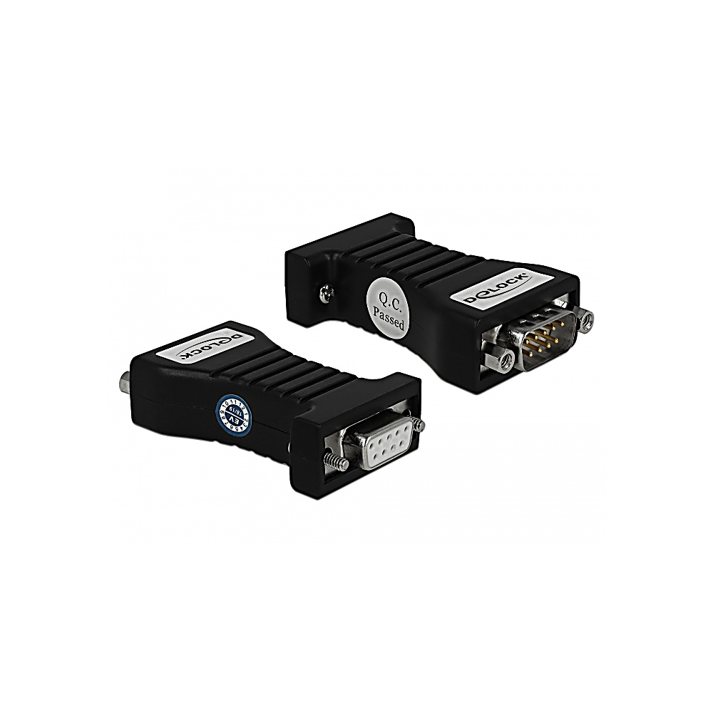 Due connettori D-sub neri con pin argentati. Uno ha un adesivo QC Passed. Entrambi hanno il logo DQLOCK.