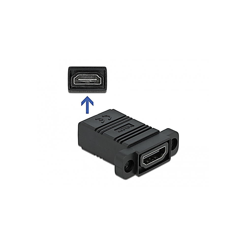 Adattatore HDMI nero con due porte. Una porta è sopra, l'altra sul lato. Una freccia indica la porta superiore.