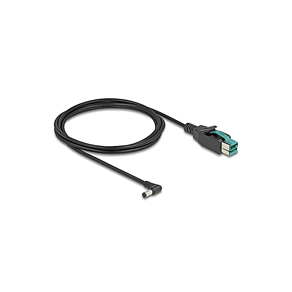 Cavo nero con due connettori. Uno è un connettore a barilotto, l'altro è USB con interfaccia verde e blu.