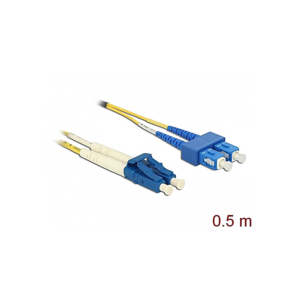 Vengono visualizzati due cavi in fibra ottica con connettori blu e cavi gialli. Il testo "0,5 m" si trova nell'angolo in basso a destra.