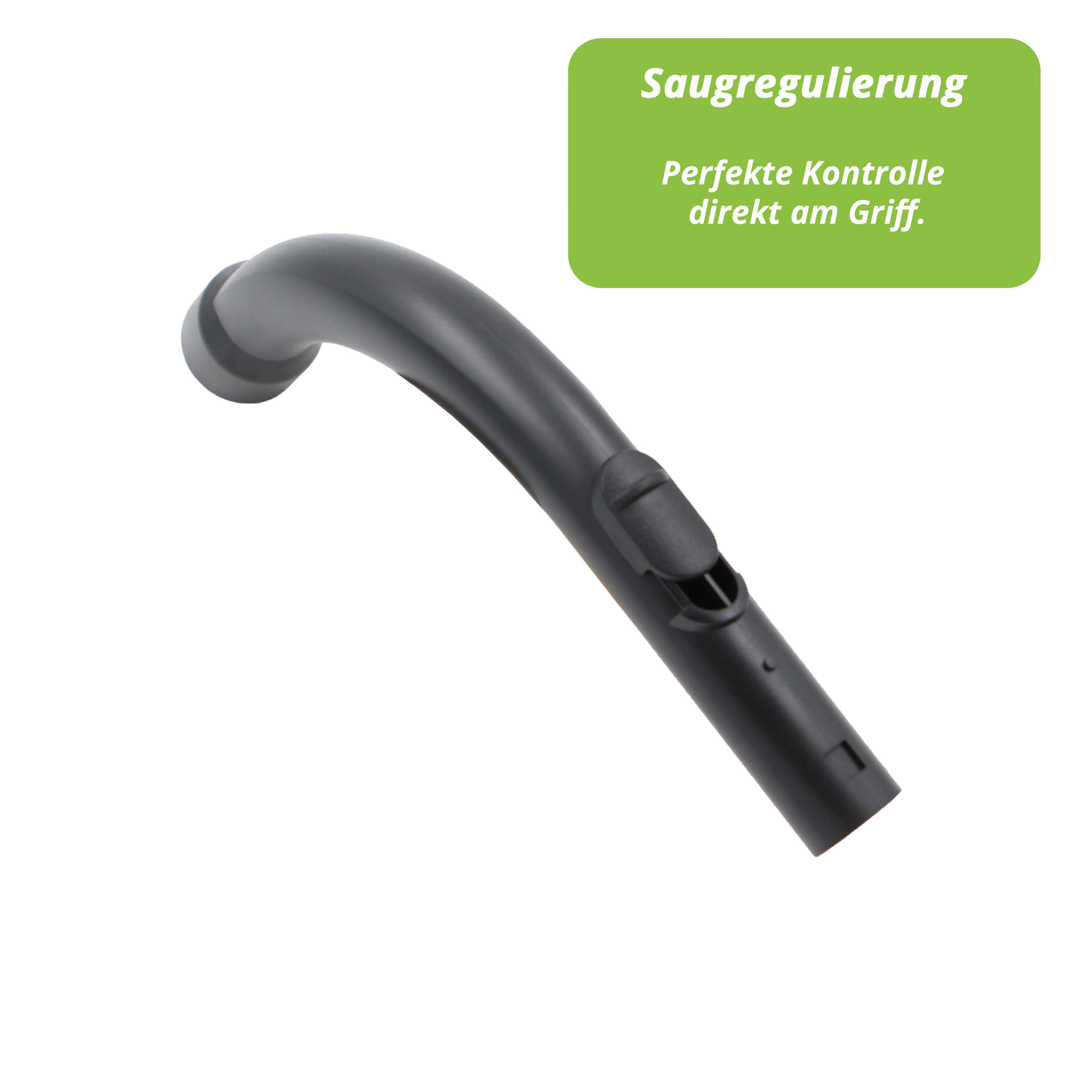 Ein schwarzer Staubsaugergriff mit einem grünen Rechteck mit Text. Weißer Hintergrund.