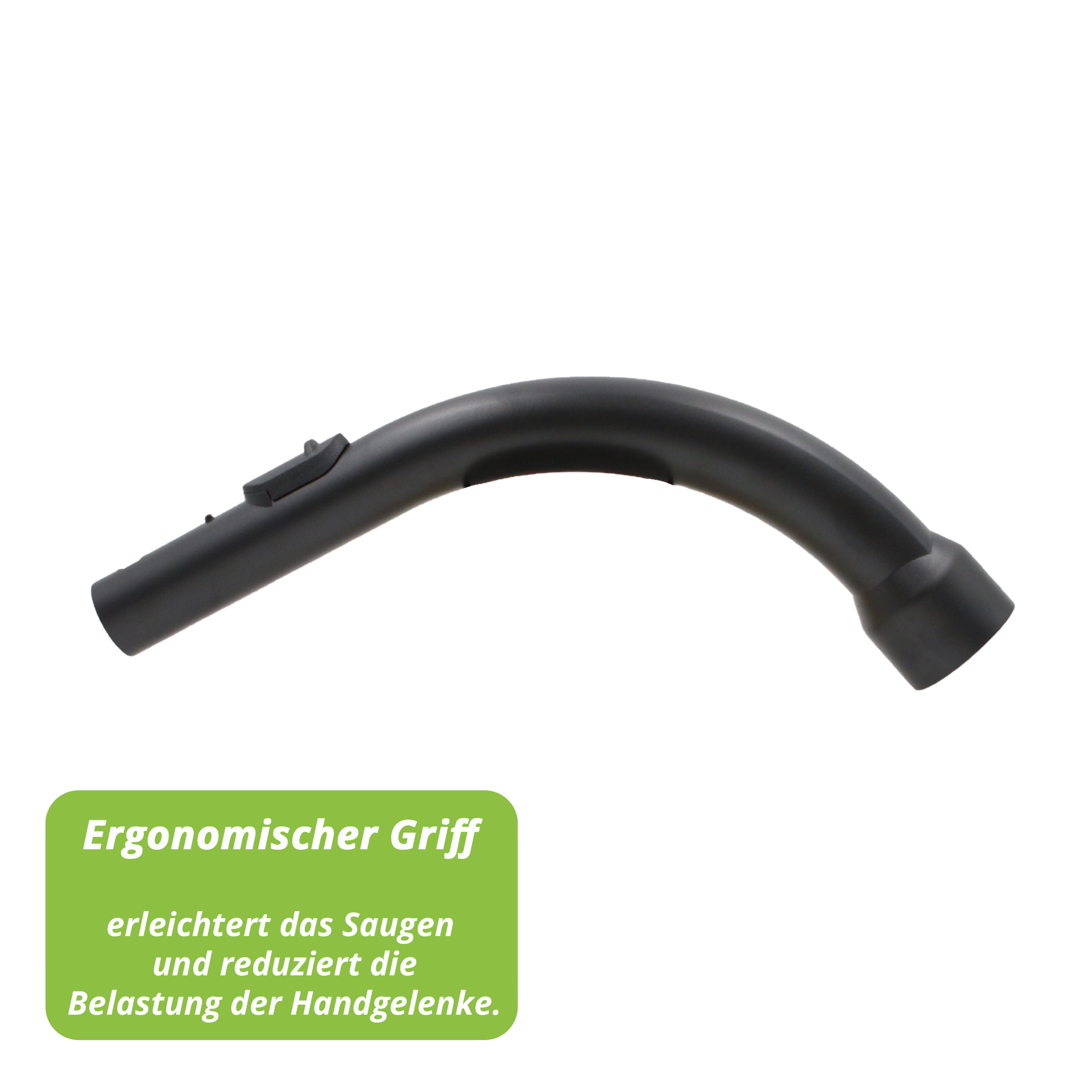 Ein schwarzer, gebogener Staubsaugergriff, ergonomisches Design, mit einem grünen Textfeld unten.