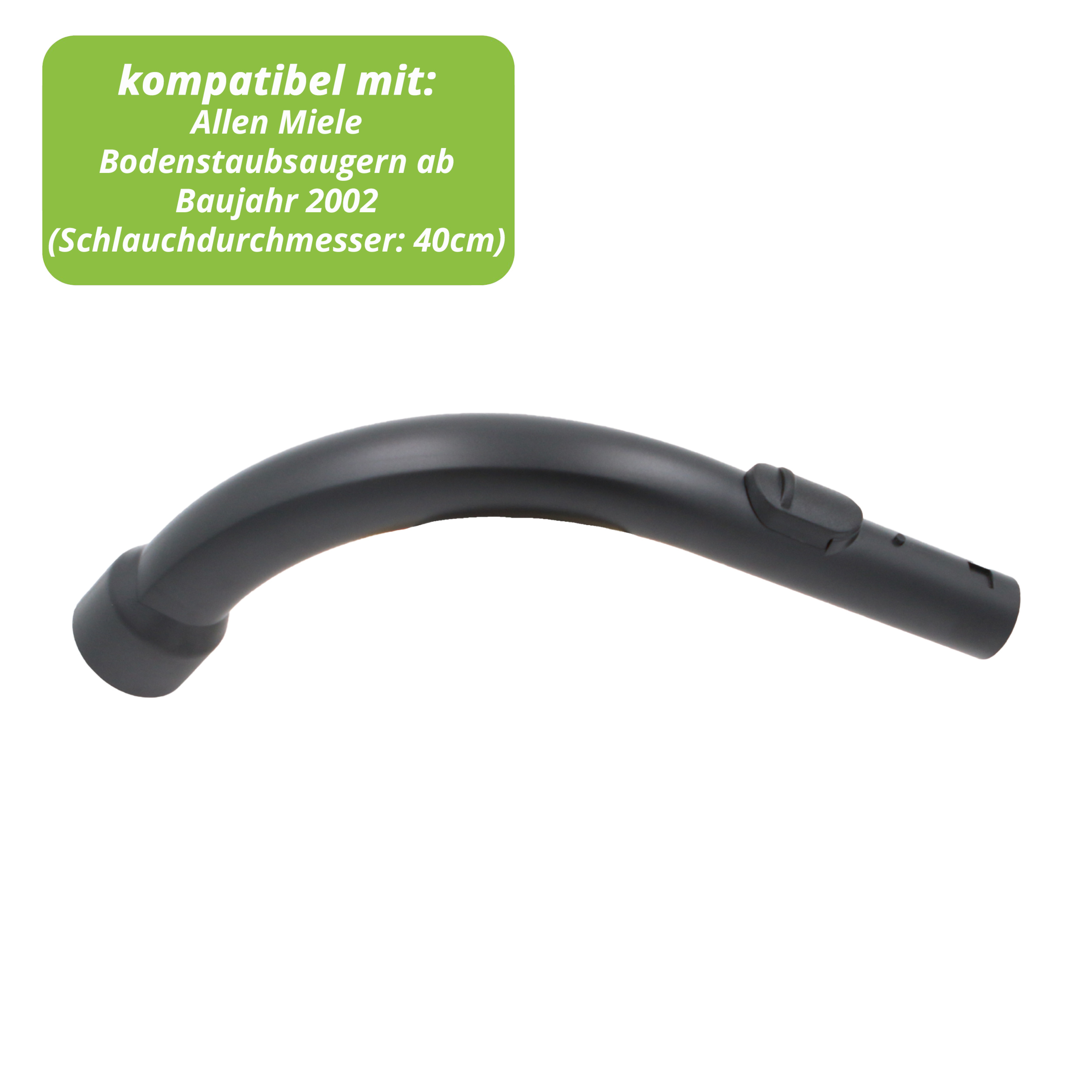 Ein schwarzer, gebogener Staubsaugerschlauch. Ein grüner Kasten im Hintergrund hat Text über die Kompatibilität.
