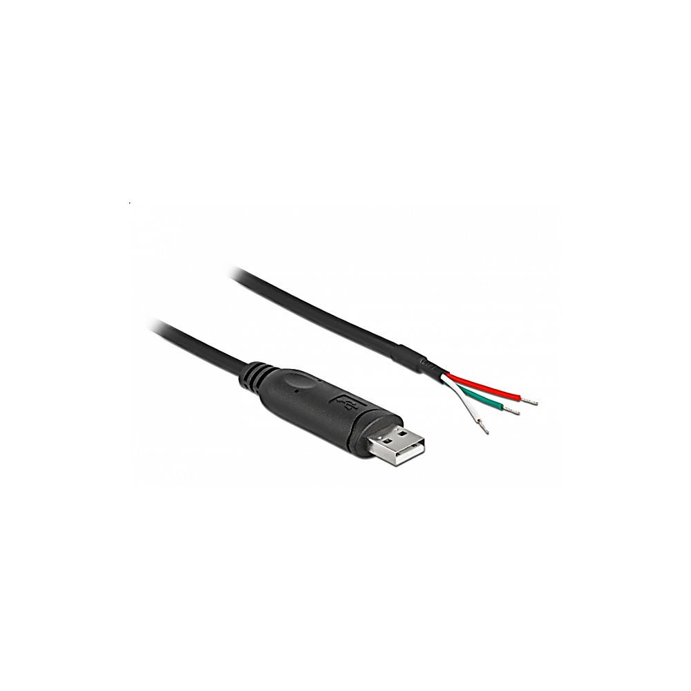 Un cavo USB nero con fili scoperti. L'estremità USB è collegata, l'altra ha fili rossi, verdi e bianchi.