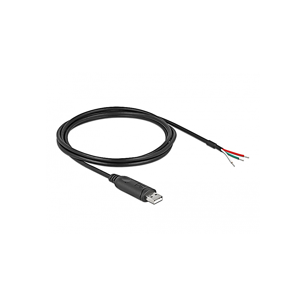 Un cavo USB nero con un connettore USB a un'estremità e fili scoperti dall'altra. Sono visibili fili rossi, verdi e bianchi.