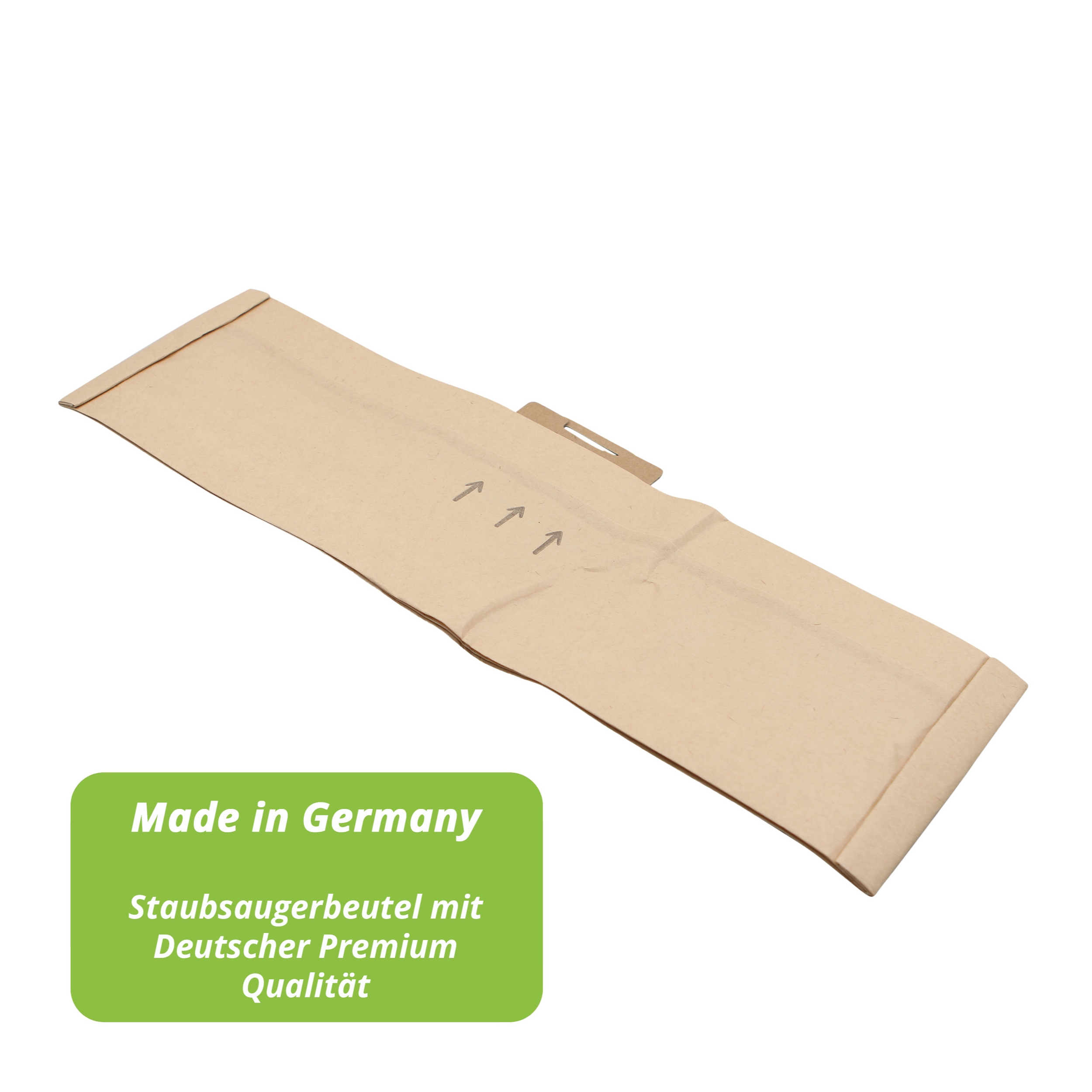 Beigefarbener Staubsaugerbeutel mit Pfeilen und einem grünen Etikett mit der Aufschrift 'Made in Germany'.
