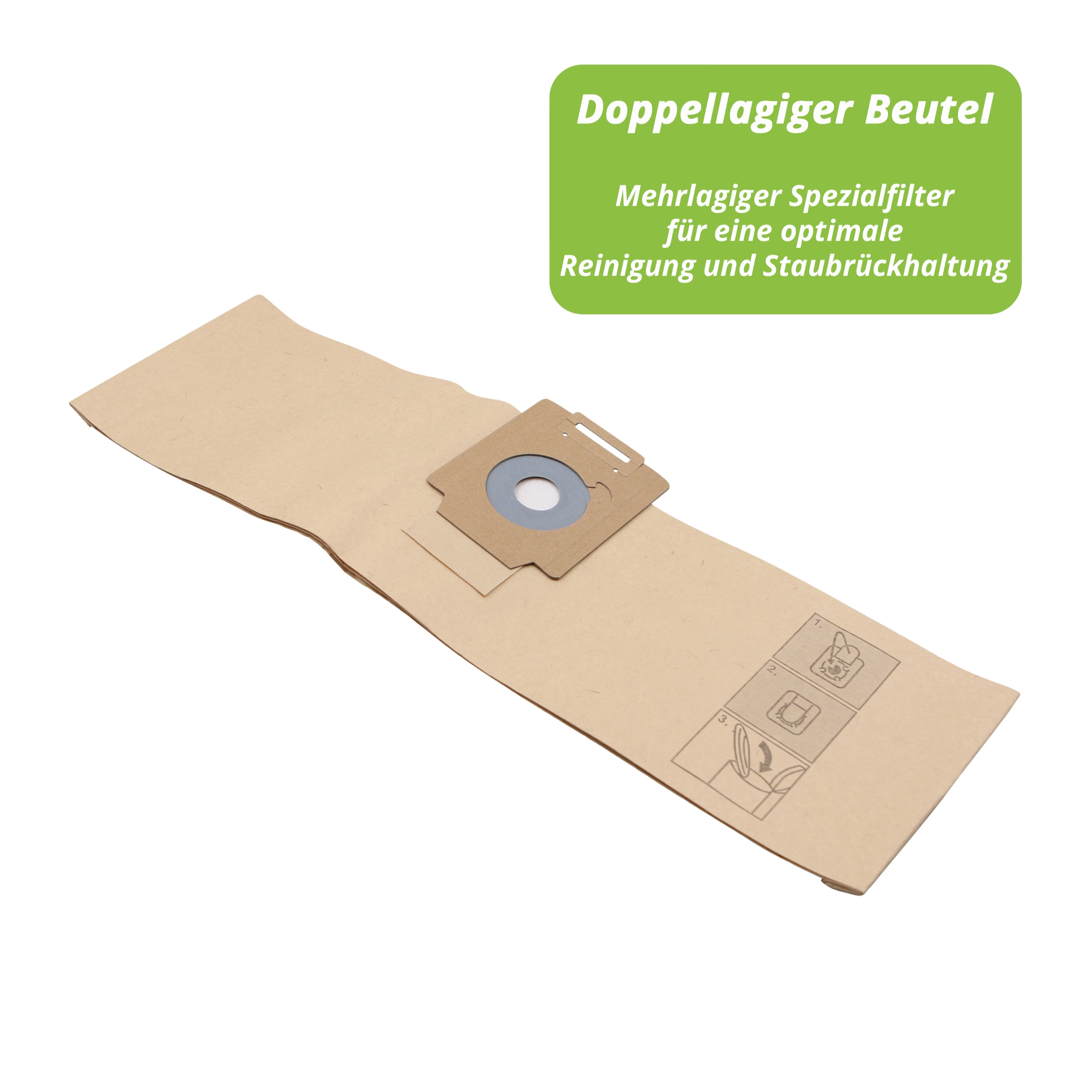 Beutel für Staubsauger, beige, mit grünem Etikett und deutschem Text. Der Beutel hat Anweisungen.