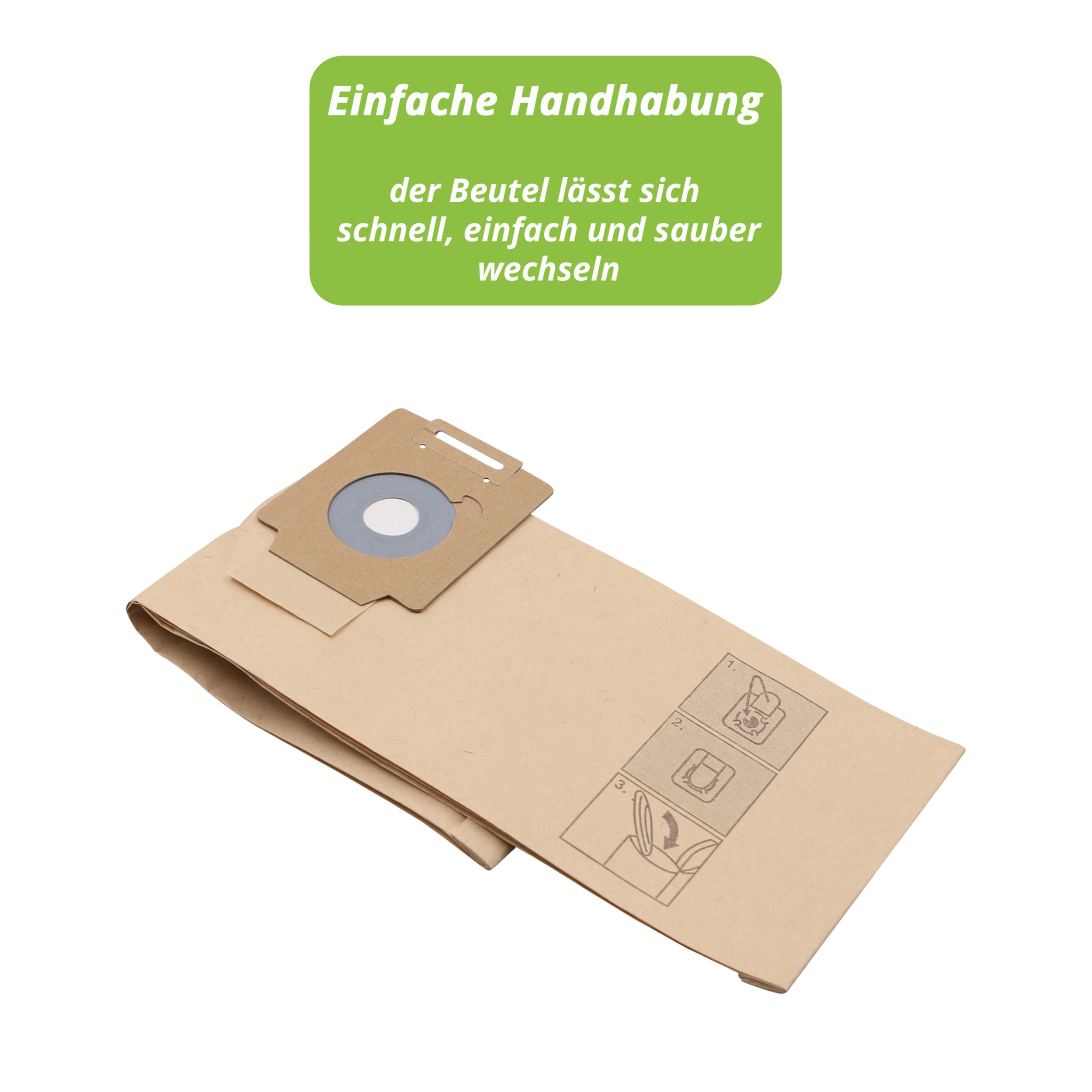Ein beiger Staubsaugerbeutel. Er hat einen braunen Kartondeckel und ein grünes Banner mit deutschem Text.