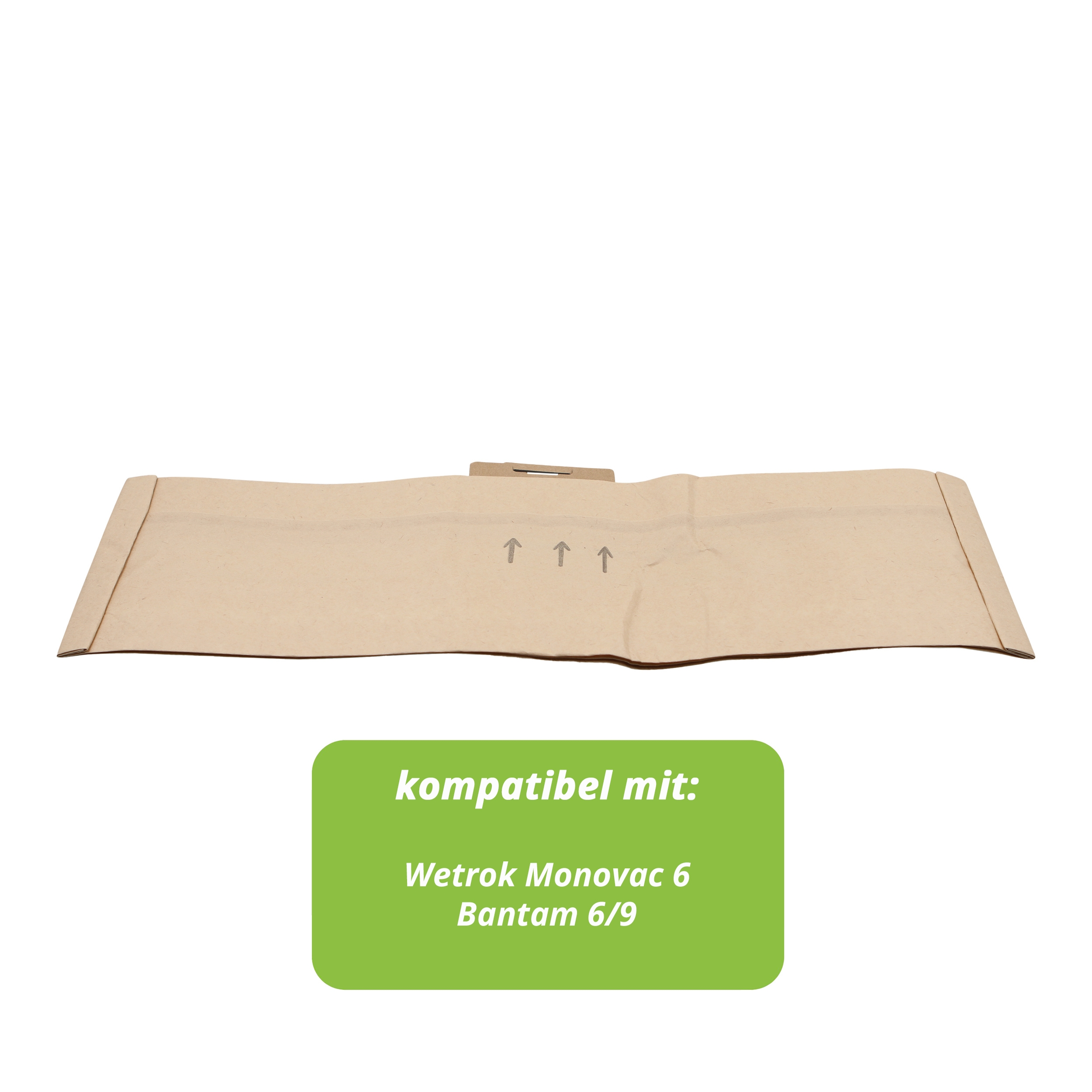 Braune Papiertüte, mit Pfeilen und ein grünes Rechteck mit Text: Wetrok Monovac 6 Bantam 6/9.