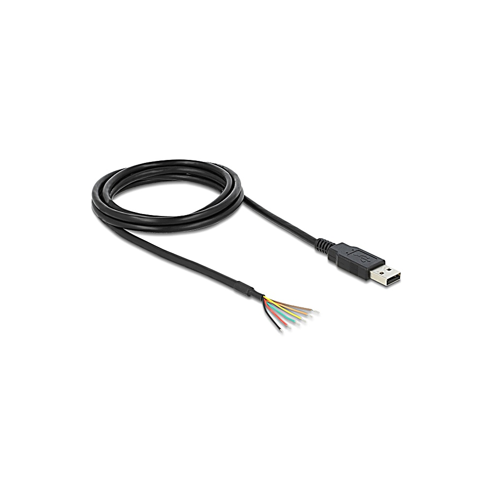Un cavo USB nero arrotolato su una superficie bianca. Un'estremità mostra fili multicolori, l'altra un connettore USB.